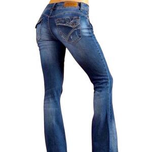 Western Low Rise Denim Embroidered Button Pockets Flared Boot Cut Jeans NEW